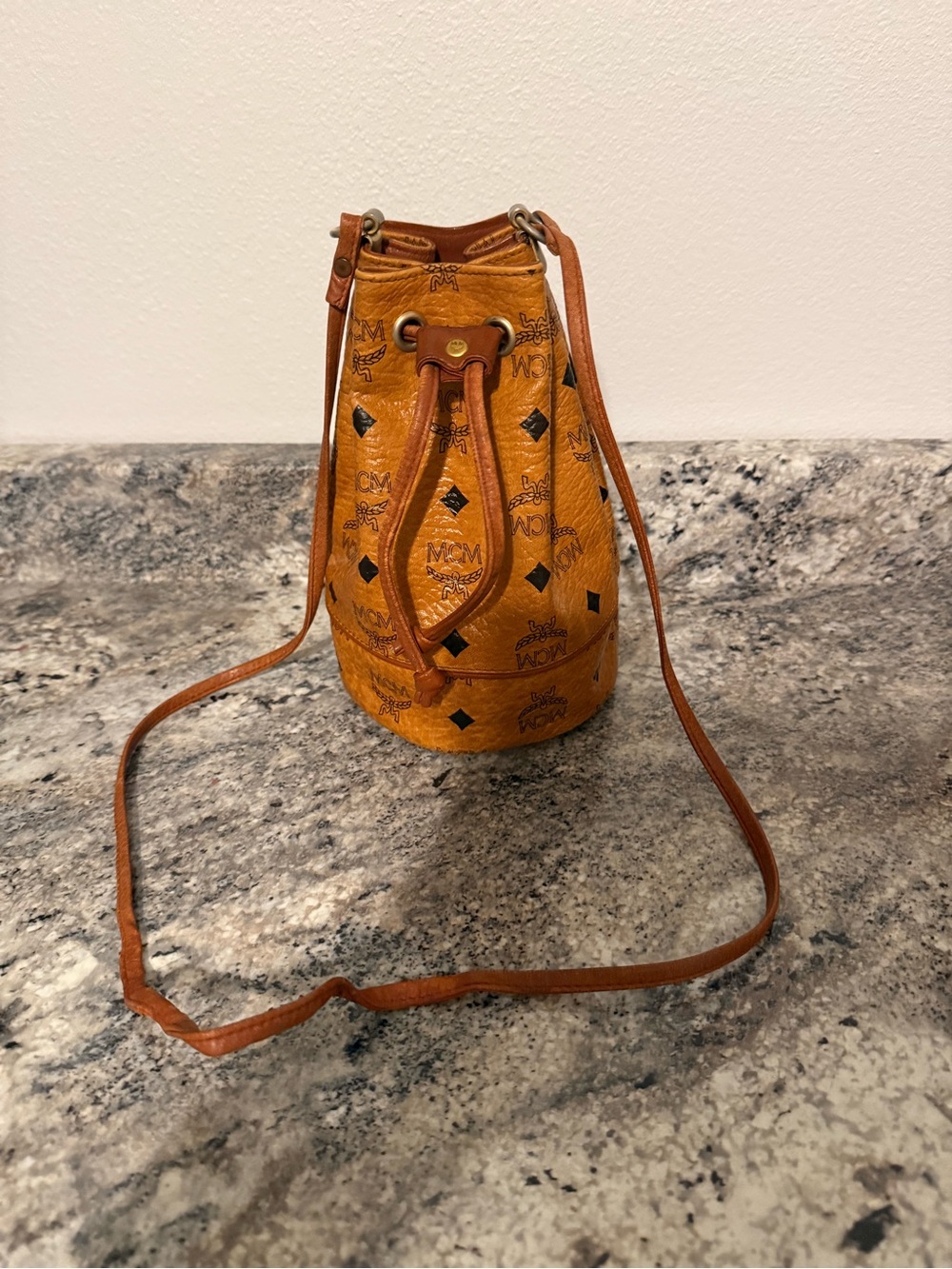 MCM Cognac Visetos Monogram Drawstring Mini Bucket Bag
